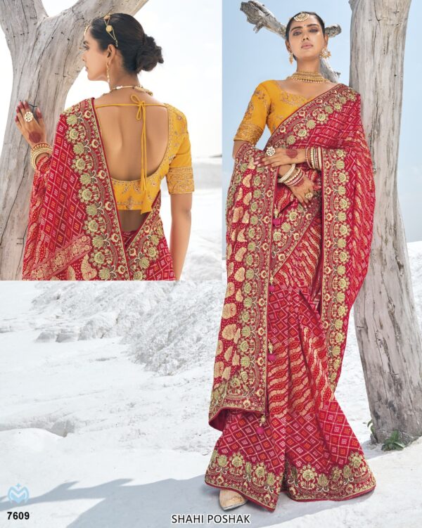 Available Luxurious Bandhani Patola Un-Stitched Saree With Contrast Colour Blouse