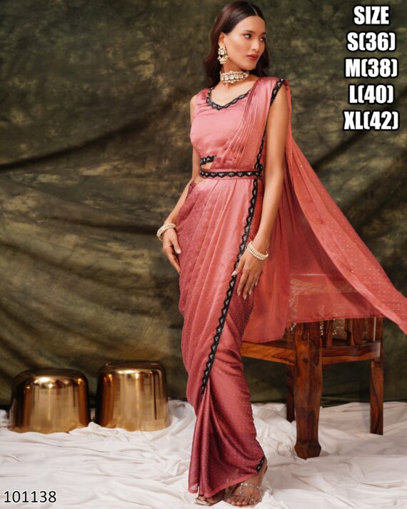 Women's Ready To Wear Silk Satin One Minute Heavy Saree With Stitched Blouse For Parties