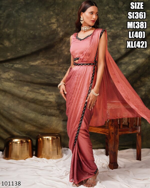 Women's Ready To Wear Silk Satin One Minute Heavy Saree With Stitched Blouse For Parties