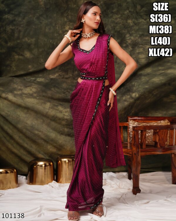 Women's Ready To Wear Silk Satin One Minute Heavy Saree With Stitched Blouse For Parties