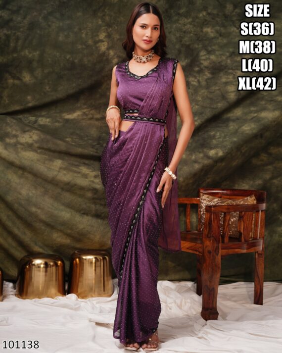 Women's Ready To Wear Silk Satin One Minute Heavy Saree With Stitched Blouse For Parties