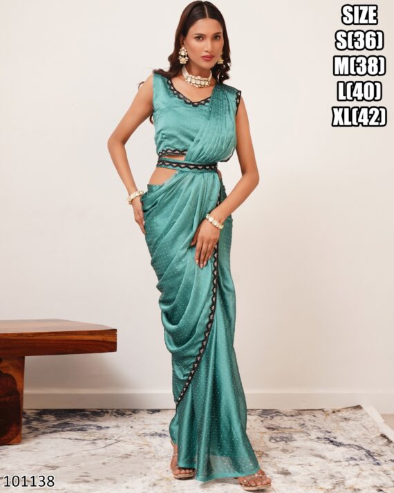 Women's Ready To Wear Silk Satin One Minute Heavy Saree With Stitched Blouse For Parties