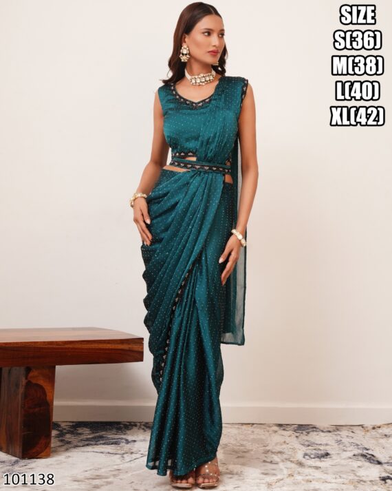 Women's Ready To Wear Silk Satin One Minute Heavy Saree With Stitched Blouse For Parties