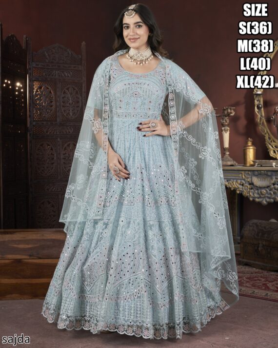 Delightful Embroidered Anarkali Gown With Net Dupatta For Women
