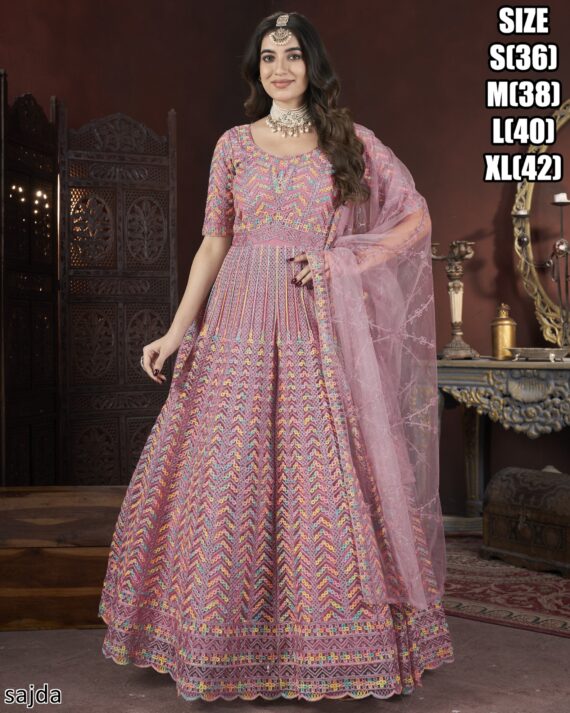 Delightful Embroidered Anarkali Gown With Net Dupatta For Women
