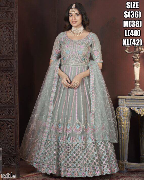Delightful Embroidered Anarkali Gown With Net Dupatta For Women