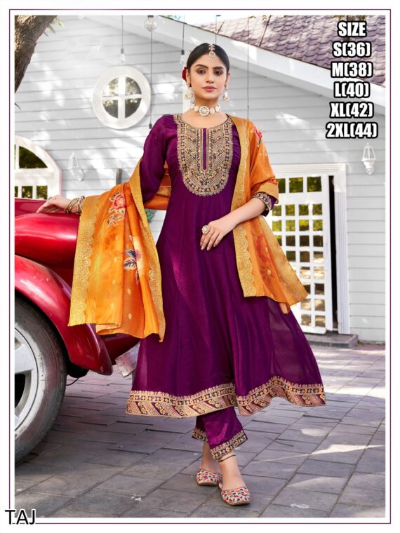 Make Your Ethnic Wardrobe With The Charming Embroidery Quarding Anarkali Kurti Set With Contrast Colour Dupatta