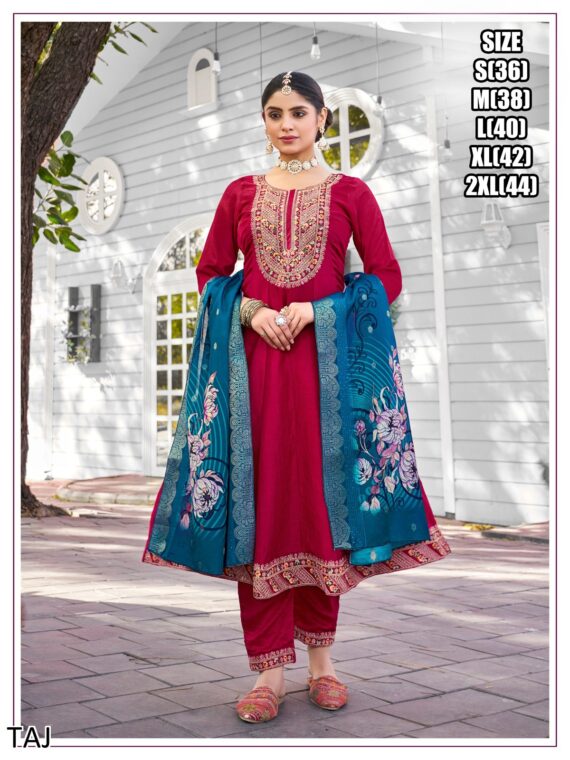 Make Your Ethnic Wardrobe With The Charming Embroidery Quarding Anarkali Kurti Set With Contrast Colour Dupatta