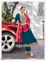 Make Your Ethnic Wardrobe With The Charming Embroidery Quarding Anarkali Kurti Set With Contrast Colour Dupatta