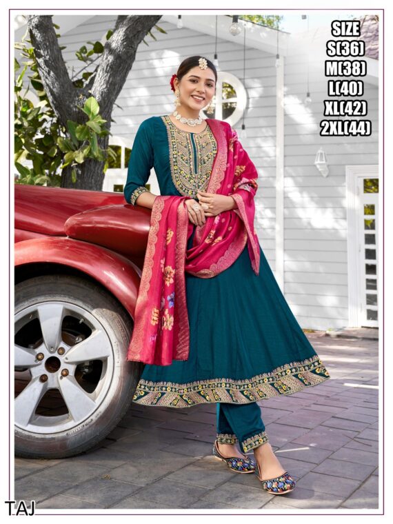 Make Your Ethnic Wardrobe With The Charming Embroidery Quarding Anarkali Kurti Set With Contrast Colour Dupatta