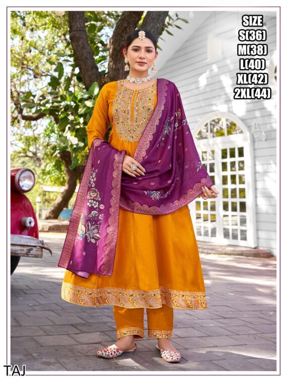 Make Your Ethnic Wardrobe With The Charming Embroidery Quarding Anarkali Kurti Set With Contrast Colour Dupatta