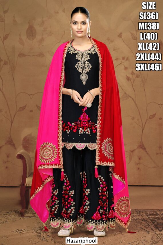 Get Glam Up Look With Our Applique Style Thread Work Party Wear Plazo Suits For Women