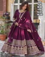 Attractive Wine Colour Vichitra Silk Readymade Gown With Dupatta Set