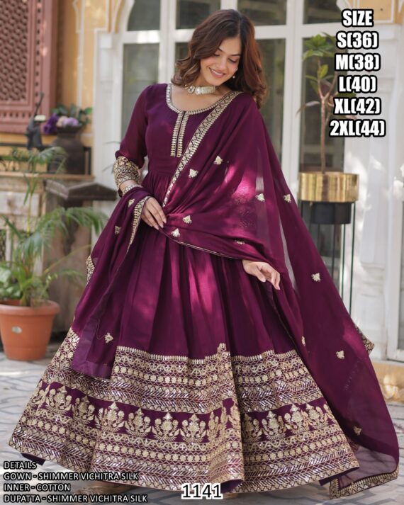 Attractive Wine Colour Vichitra Silk Readymade Gown With Dupatta Set