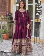 Attractive Wine Colour Vichitra Silk Readymade Gown With Dupatta Set