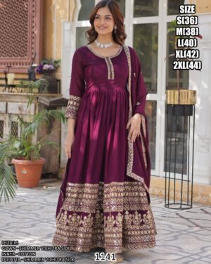 Attractive Wine Colour Vichitra Silk Readymade Gown With Dupatta Set