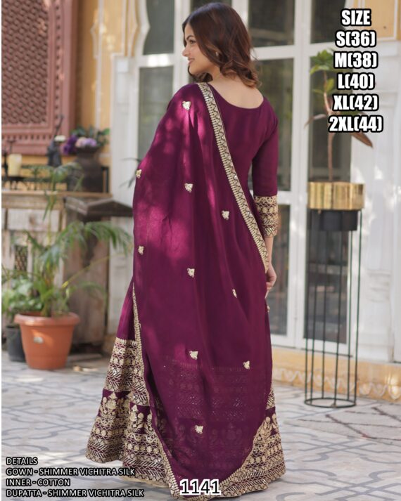 Attractive Wine Colour Vichitra Silk Readymade Gown With Dupatta Set