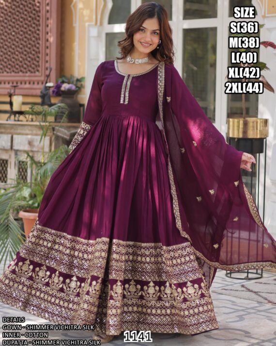 Attractive Wine Colour Vichitra Silk Readymade Gown With Dupatta Set