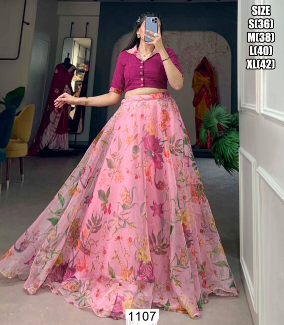 Partywear Crop Top And Lehenga In Beautiful Floral Designs And Combination Of Colours