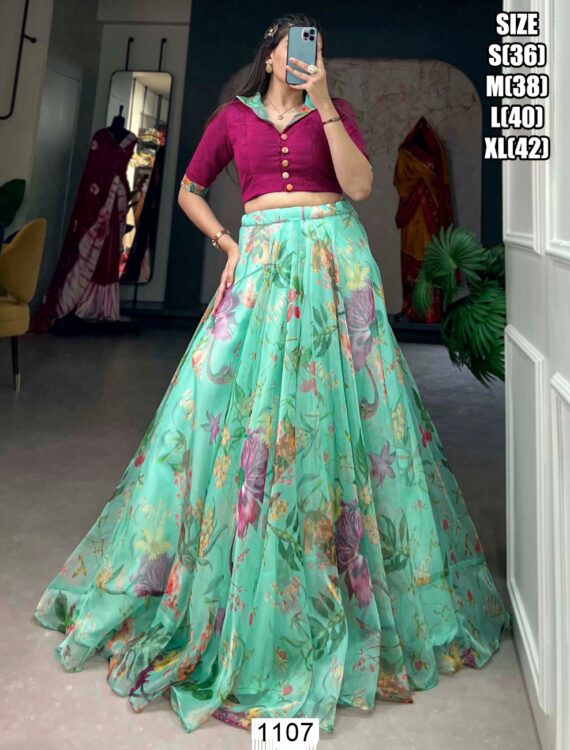 Partywear Crop Top And Lehenga In Beautiful Floral Designs And Combination Of Colours