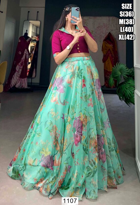 Partywear Crop Top And Lehenga In Beautiful Floral Designs And Combination Of Colours