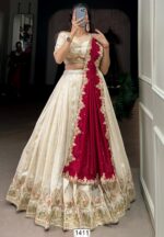 Immaculate Designs And Well-Crafted Off-White Lehenga Choli With Red Dupatta