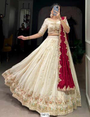 Immaculate Designs And Well-Crafted Off-White Lehenga Choli With Red Dupatta