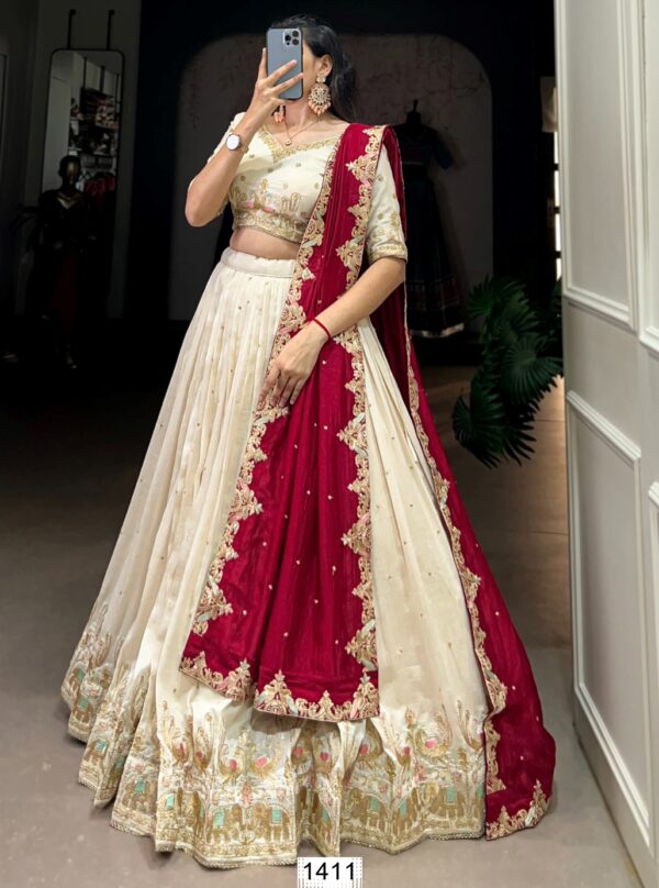 Immaculate Designs And Well-Crafted Off-White Lehenga Choli With Red Dupatta