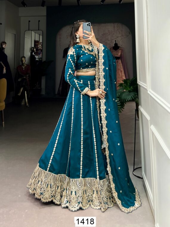 Sequins Embroidered Firozi Blue Lehenga Choli For Weddings And Festivals