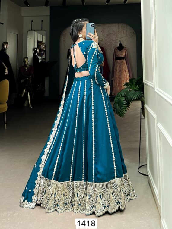 Sequins Embroidered Firozi Blue Lehenga Choli For Weddings And Festivals