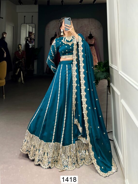 Sequins Embroidered Firozi Blue Lehenga Choli For Weddings And Festivals