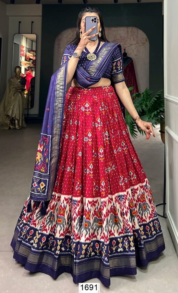Semi-Stitched Tussar Silk Beautiful Patola Printed Lehenga Choli For Festivals