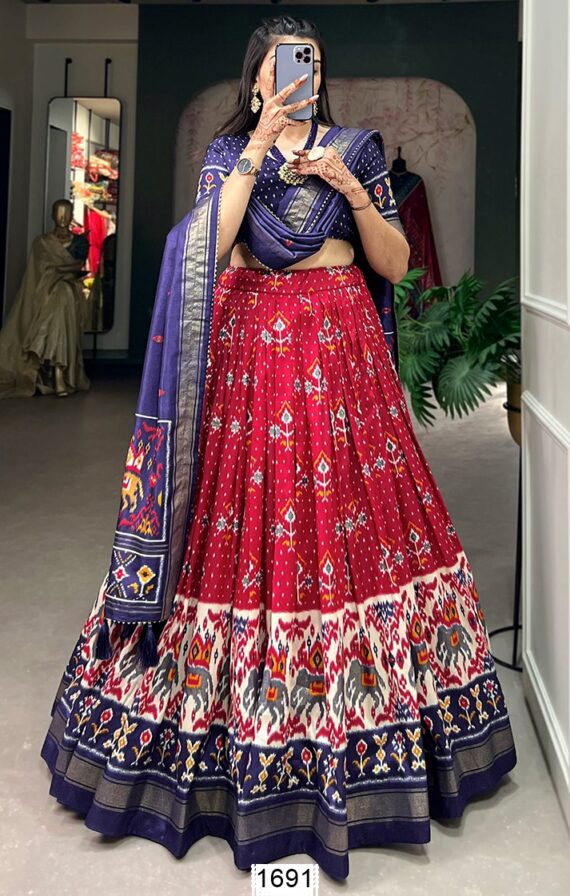 Semi-Stitched Tussar Silk Beautiful Patola Printed Lehenga Choli For Festivals