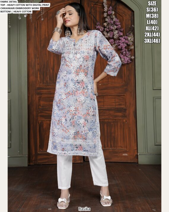Floral Printed With Chikankari Embroidered Summer Season's Ready To Wear Cotton Kurti Sets