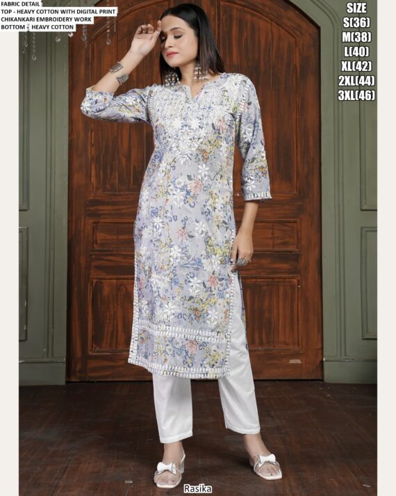 Floral Printed With Chikankari Embroidered Summer Season's Ready To Wear Cotton Kurti Sets