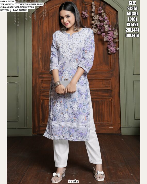 Floral Printed With Chikankari Embroidered Summer Season's Ready To Wear Cotton Kurti Sets