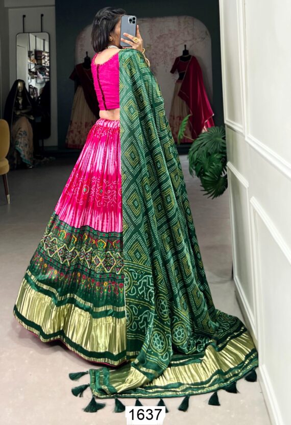 Buy Amazing Multi Colour Pure Gaji Silk Lehenga Choli With Bandhani Dupatta