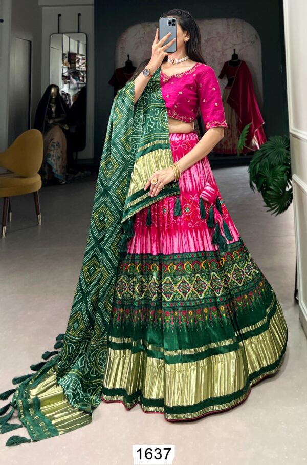 Buy Amazing Multi Colour Pure Gaji Silk Lehenga Choli With Bandhani Dupatta