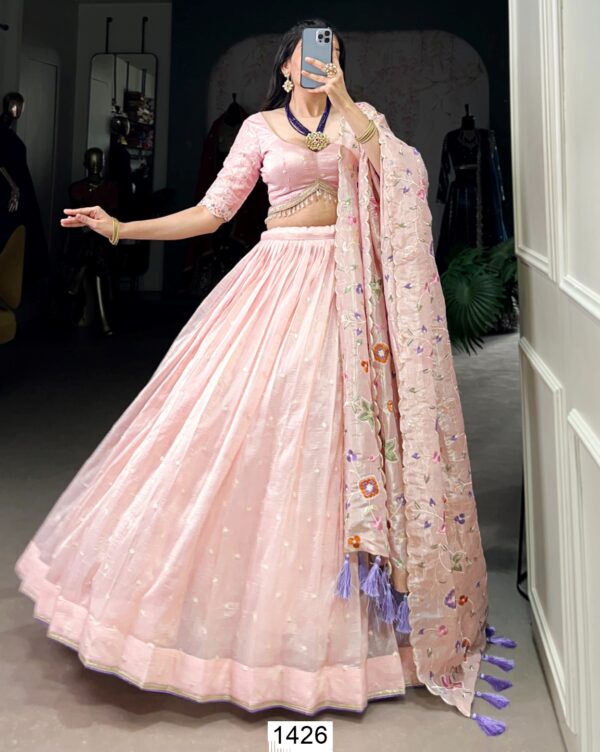 Embrace Grace And Glamour In Our Stunning Light Pink Gold Crush Semi-Stitched Lehenga Choli Set