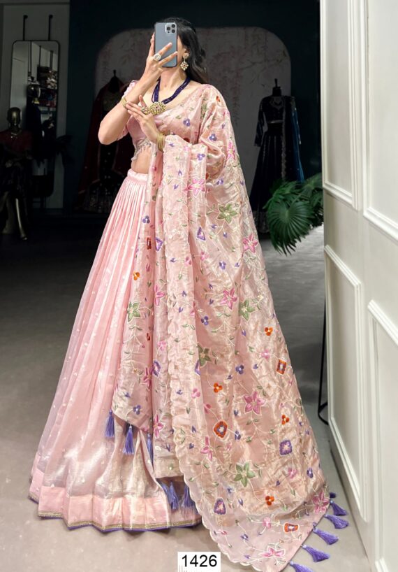 Embrace Grace And Glamour In Our Stunning Light Pink Gold Crush Semi-Stitched Lehenga Choli Set