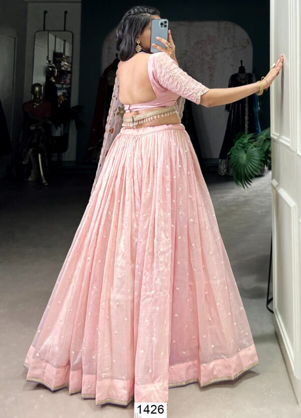 Embrace Grace And Glamour In Our Stunning Light Pink Gold Crush Semi-Stitched Lehenga Choli Set