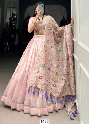 Embrace Grace And Glamour In Our Stunning Light Pink Gold Crush Semi-Stitched Lehenga Choli Set