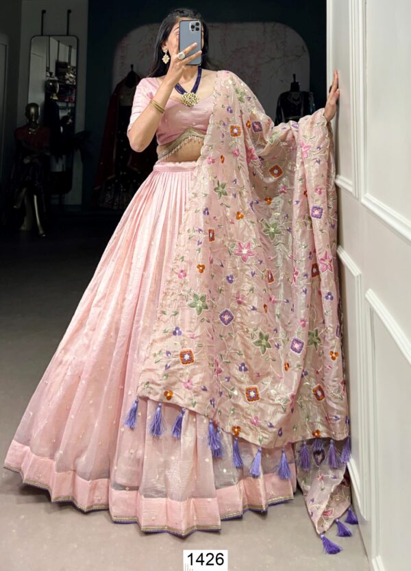 Embrace Grace And Glamour In Our Stunning Light Pink Gold Crush Semi-Stitched Lehenga Choli Set