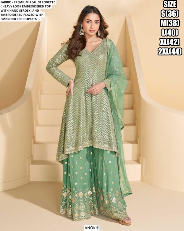 Embroidered Premium Real Georgette Readymade Plazo Suits In Three Colours!
