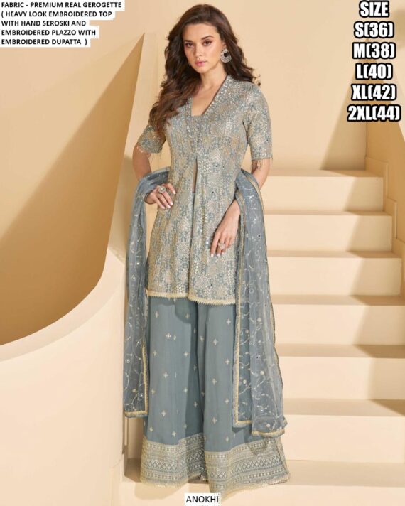 Embroidered Premium Real Georgette Readymade Plazo Suits In Three Colours!