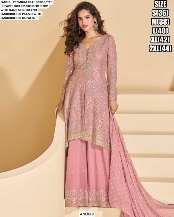 Embroidered Premium Real Georgette Readymade Plazo Suits In Three Colours!