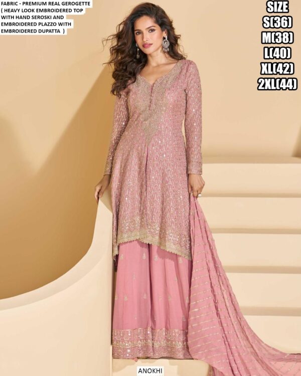 Embroidered Premium Real Georgette Readymade Plazo Suits In Three Colours!