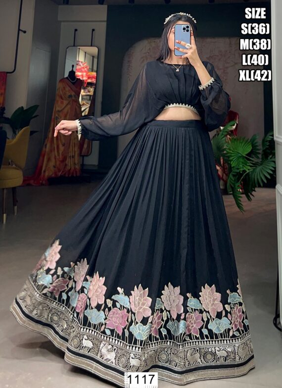 Black Colour Floral Designer Marriage Special Crop Top With Lehenga