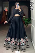 Black Colour Floral Designer Marriage Special Crop Top With Lehenga