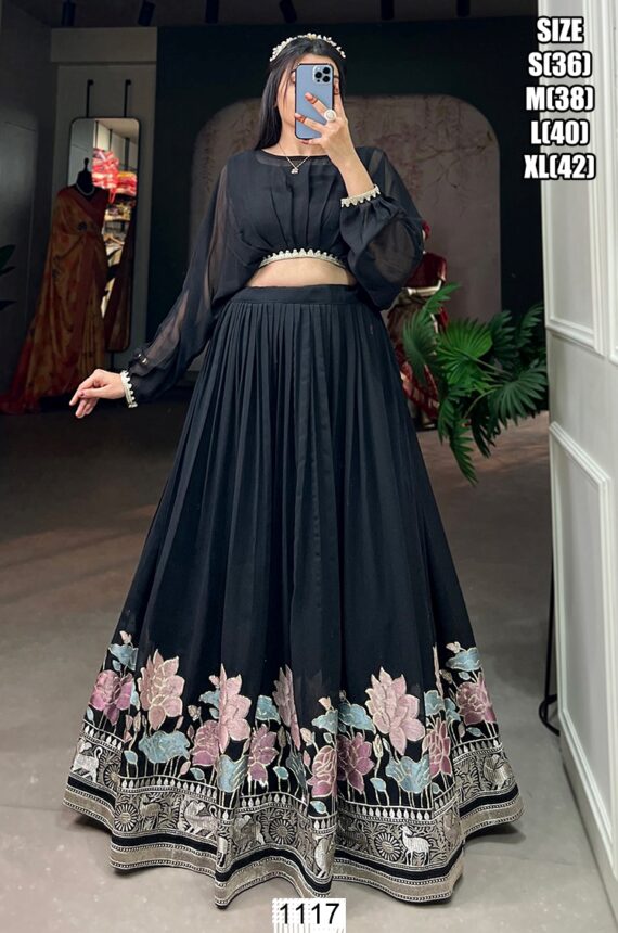 Black Colour Floral Designer Marriage Special Crop Top With Lehenga